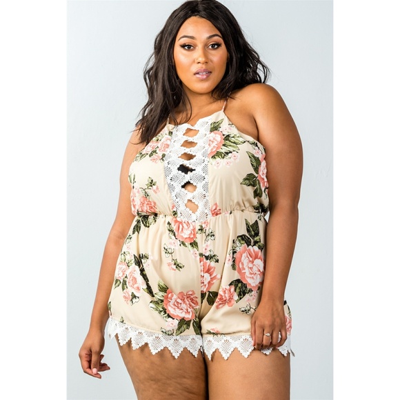 PLUS SIZE TAUPE SLEEVELESS CROCHET TRIM ROMPER - Picture 3 of 6